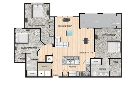 Floor plan for 3 beds, 2 baths, 1530 sqft